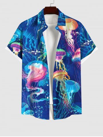 Plus Size Sea Creatures Jellyfish Print Buttons Pocket Shirt For Men - DEEP BLUE - S