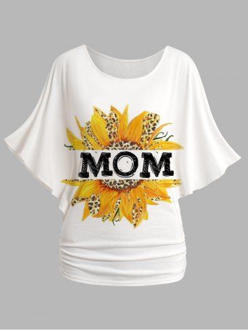 Mother's Day Sunflower Print Oblique Shoulder Batwing Sleeve Ruched T-shirt - WHITE - L | US 8-10