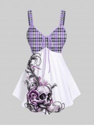 Plus Size Plaid Skull Rose Flower Branch Print Cinched Backless Tank Top -  