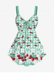 Plus Size Cherry Strawberry Daisy Heart Cross Plaid Printed Cinched Backless Tank Top -  