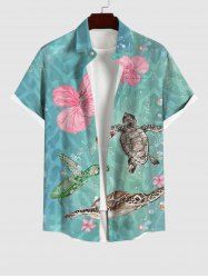 Plus Size Turtle Floral Water Wave Print Hawaii Sea Creatures Button Pocket Shirt For Men -  