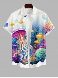 Plus Size Sailor Coral Fish Colorful Underwater World Print Hawaii Sea Creatures Button Pocket Shirt For Men -  