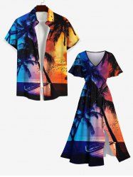 Coconut Tree Boat Birds Sunset Print Plus Size Matching Hawaii Beach Outfit For Couples -  