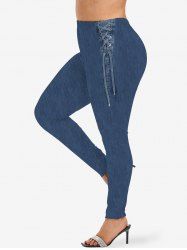 Plus Size Lace Up Denim 3D Print Leggings -  
