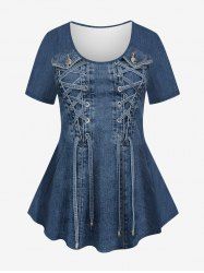 Plus Size Lace Up Button Pocket Denim 3D Print T-shirt -  