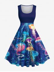 Robe Vintage Trapèze à Imprimé Méduse Grande Taille - Bleu profond L