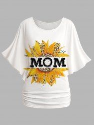 Mother's Day Sunflower Print Oblique Shoulder Batwing Sleeve Ruched T-shirt -  