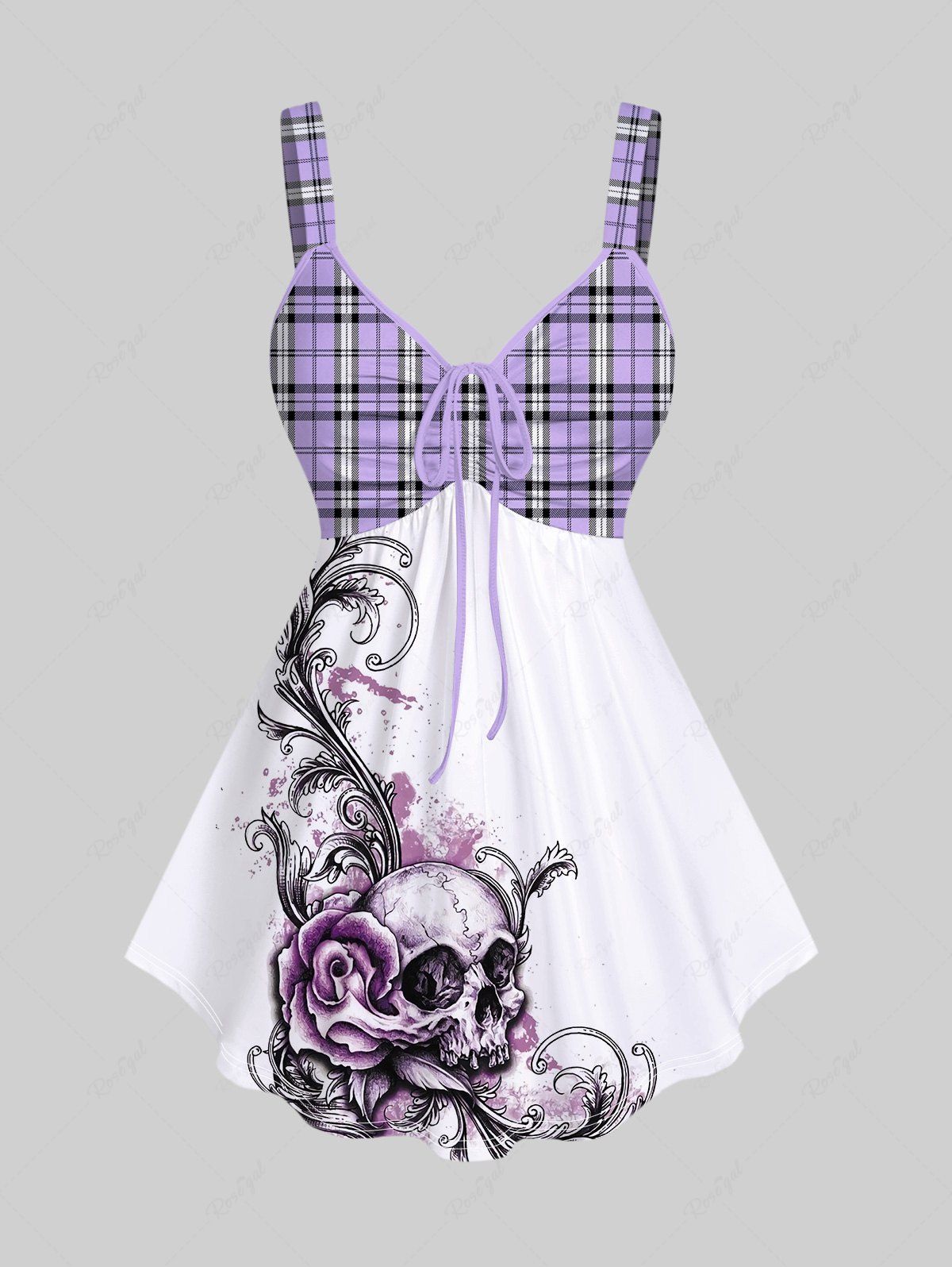 Shops Plus Size Plaid Skull Rose Flower Branch Print Cinched Backless Tank Top  