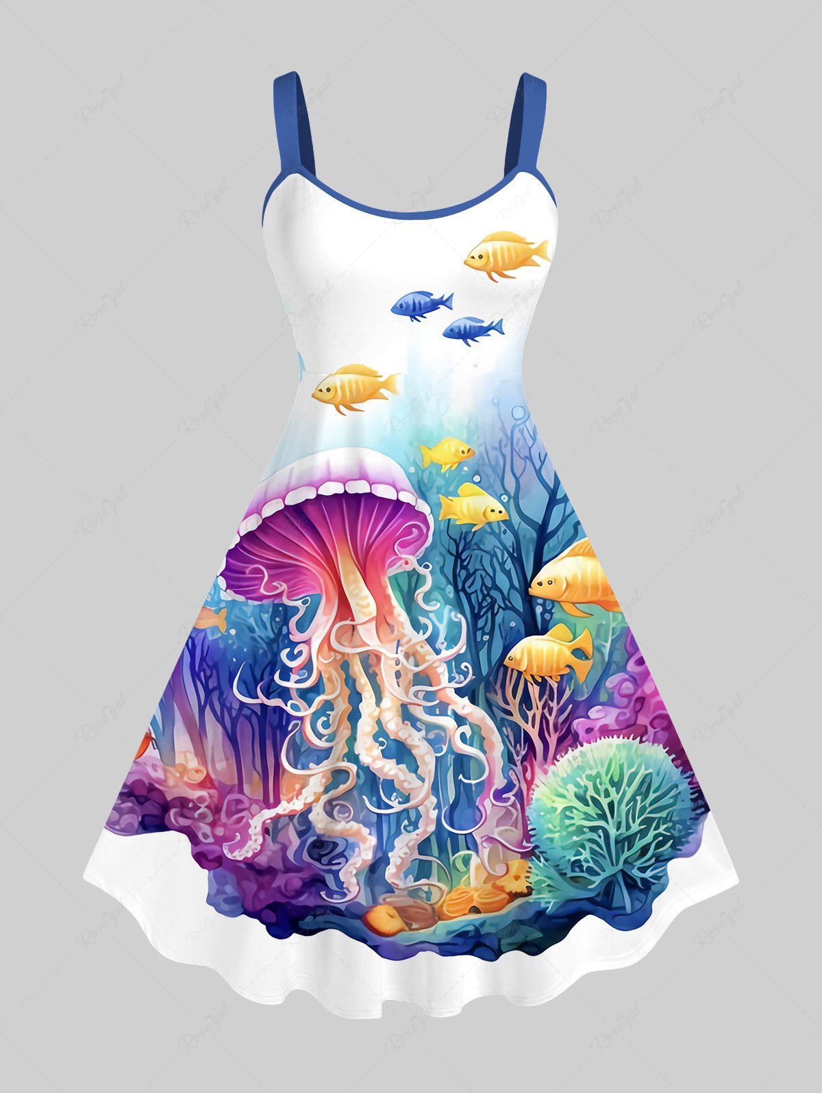Fashion Plus Size Sailor Coral Fish Colorful Underwater World Print Hawaii Sea Creatures Backless A Line Tank Dress  