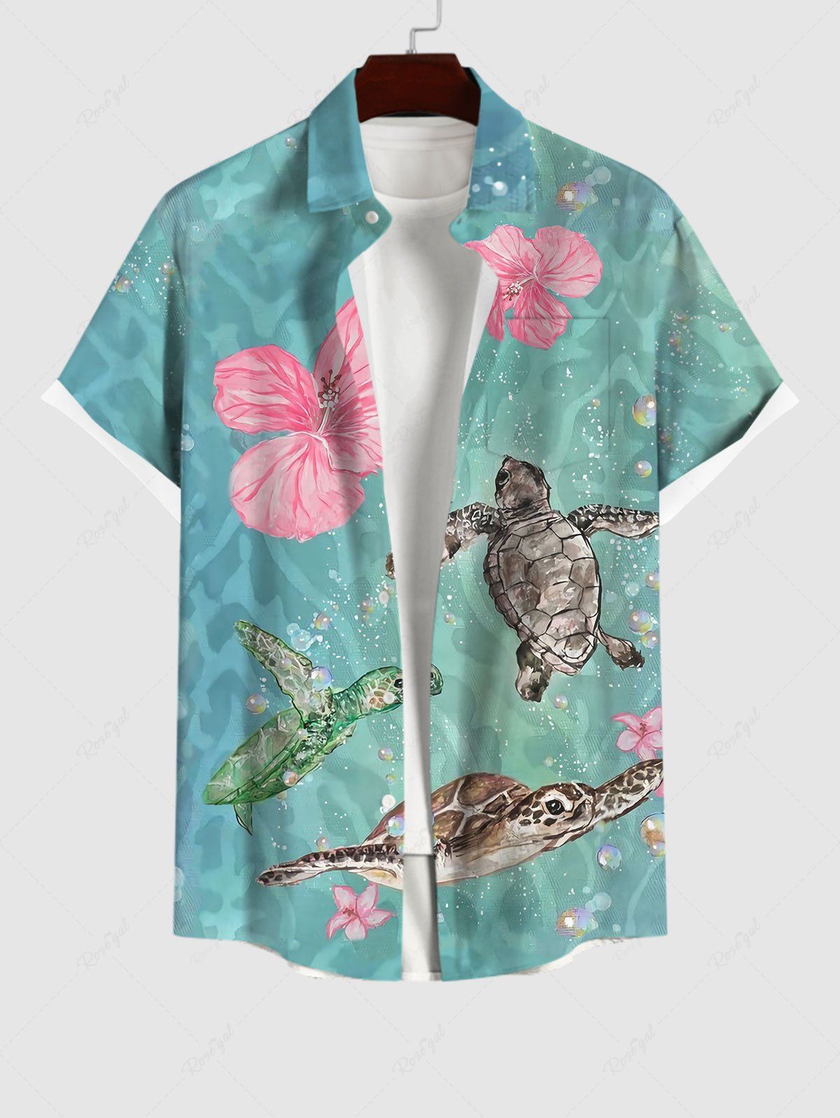 New Plus Size Turtle Floral Water Wave Print Hawaii Sea Creatures Button Pocket Shirt For Men  