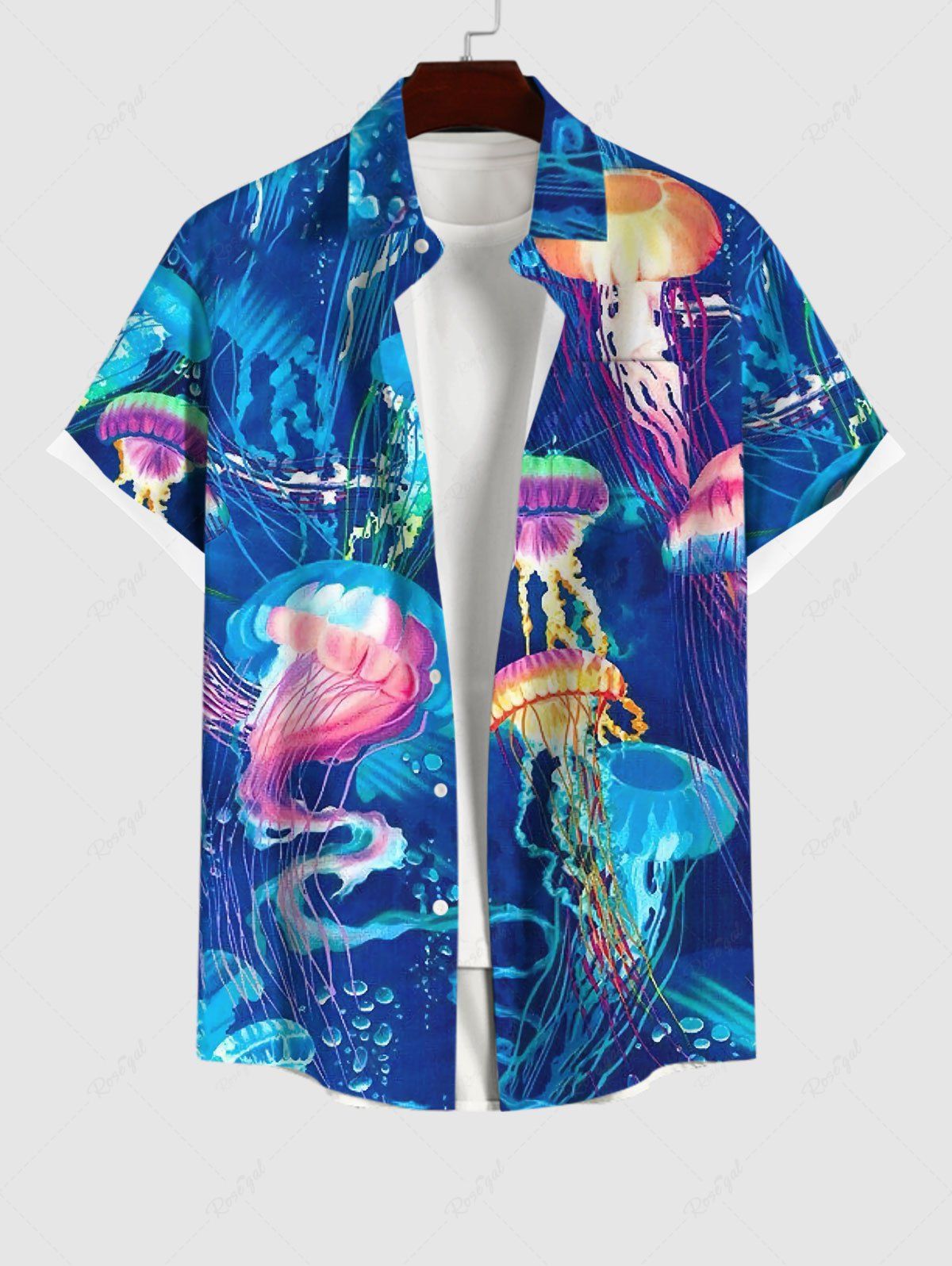 Unique Plus Size Sea Creatures Jellyfish Print Buttons Pocket Shirt For Men  