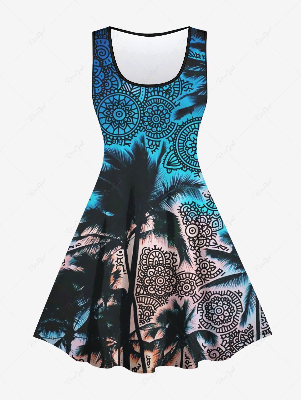 Unique Hawaii Plus Size Coconut Tree Vintage Floral Print Sleeveless A Line Dress  