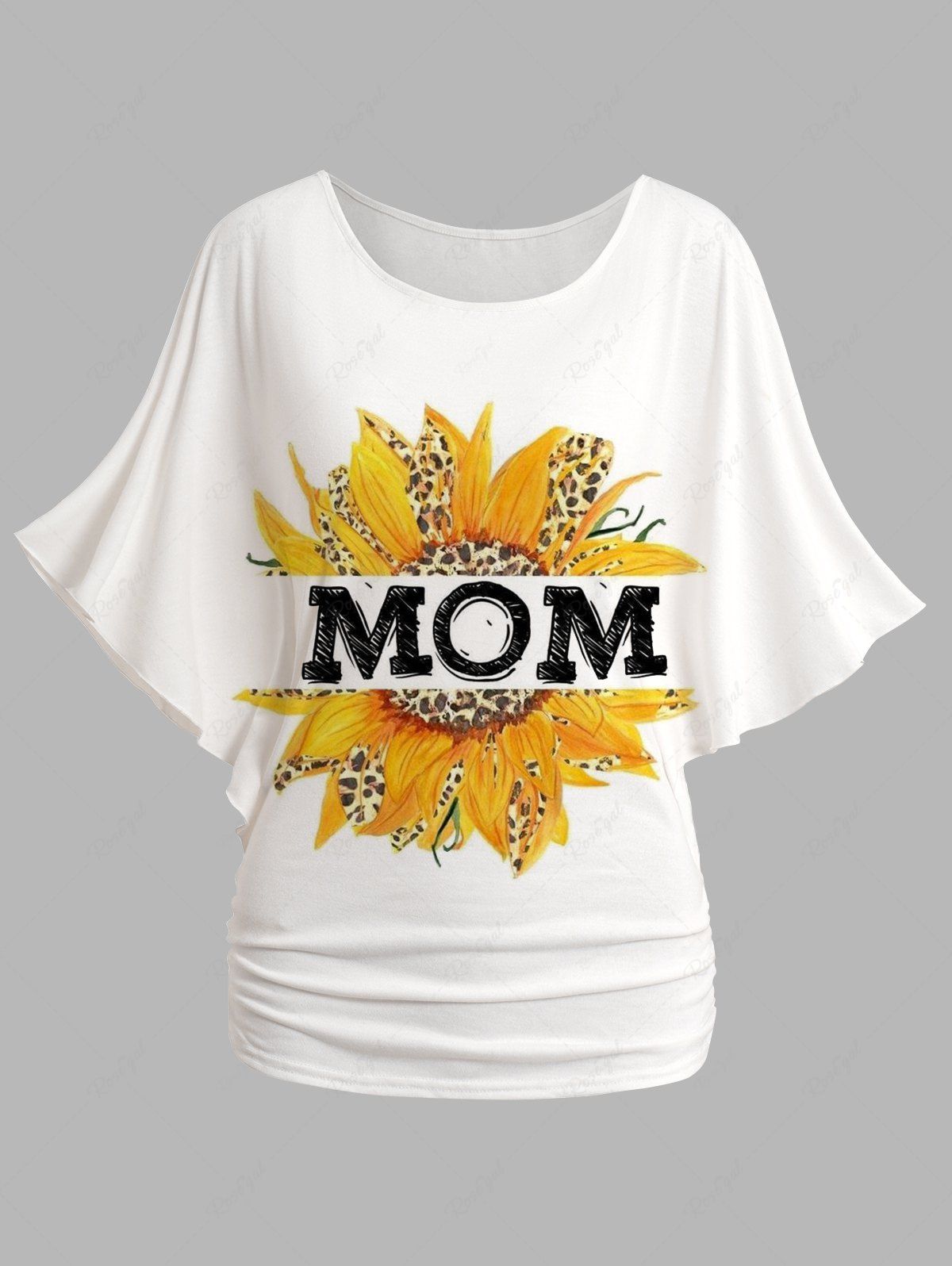 Store Mother's Day Sunflower Print Oblique Shoulder Batwing Sleeve Ruched T-shirt  