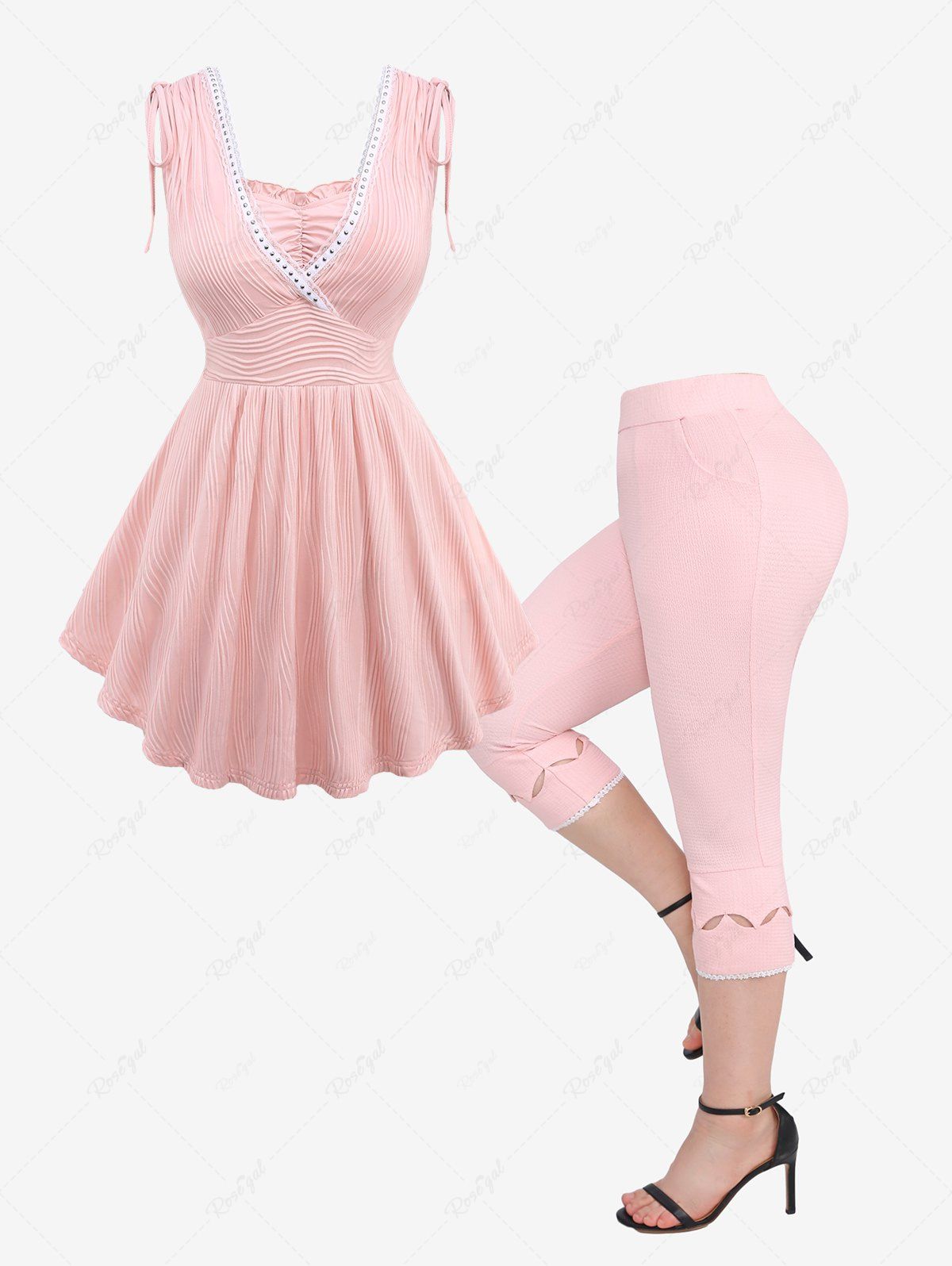 Unique Ruched Ruffles Cinched Shoulder Lace Trim Textured Tank Top and Hollow Out Capri Leggings Plus Size Summer Outfit  