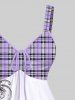 Plus Size Plaid Skull Rose Flower Branch Print Cinched Backless Tank Top -  