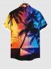 Plus Size Hawaii Coconut Tree Boat Birds Sunset Print Buttons Pocket Shirt For Men -  