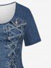 Plus Size Lace Up Button Pocket Denim 3D Print T-shirt -  