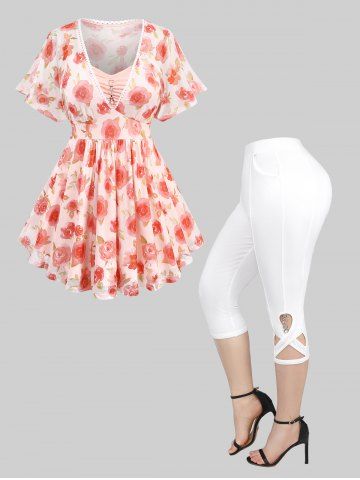 Rose Flower Leaf Print Mesh Heart Chain Decor Ruched Top and Pockets Crisscross Hollow Out Pants Plus Size Matching Set