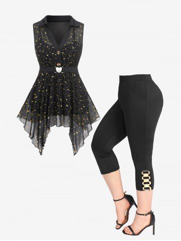 Stars Printed Buttons Heart Buckle Sheer Blouse and Pockets Chains Capri Leggings Plus Size Summer Outfit - BLACK
