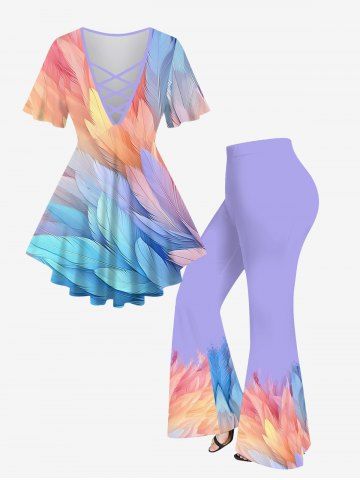 Ombre Feather Printed Lattice Crisscross Flare Sleeve T-shirt and Flare Pants Plus Size Matching Set - LIGHT PURPLE