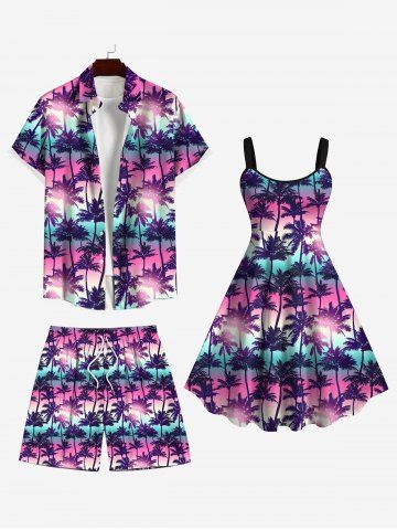 Coconut Tree Ombre Galaxy Print Dress and Button Pocket Shirt and Shorts Plus Size Matching Hawaii Beach Outfit For Couples - MULTI-A