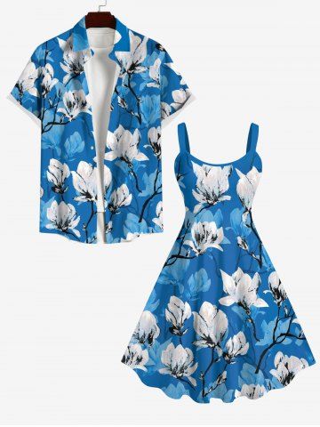 Robe Trapèze Contrastante Imprimé à Fleurs et à Boutons Grande Taille pour Couple - BLUE