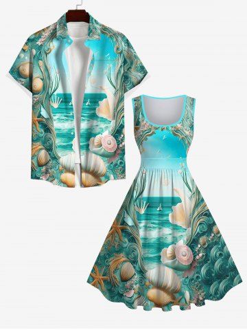 Shell Conch Sea Portal Print Ombre 1950s Dress and Button Pocket Shirt Plus Size Matching Hawaii Beach Outfit For Couples - MULTI-A