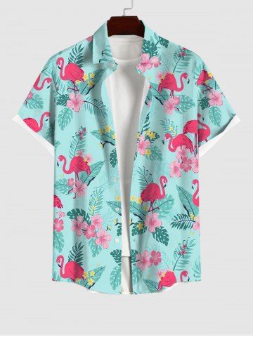 Plus Size Flamingo Coconut Tree Leaf Floral Print Hawaii Button Pocket Shirt For Men - LIGHT GREEN - L