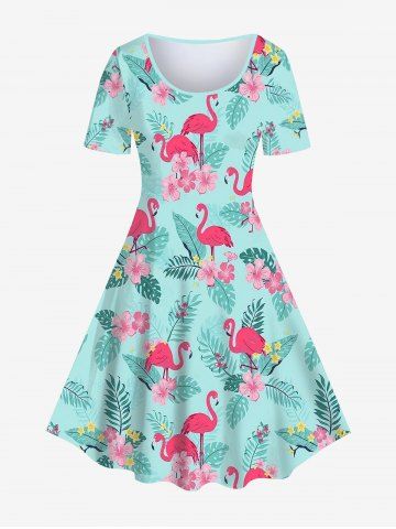 Plus Size Flamingo Coconut Tree Leaf Floral Print Vintage Hawaii A Line Dress - LIGHT GREEN - M