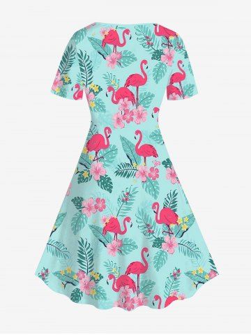 Plus Size Flamingo Coconut Tree Leaf Floral Print Vintage Hawaii A Line Dress