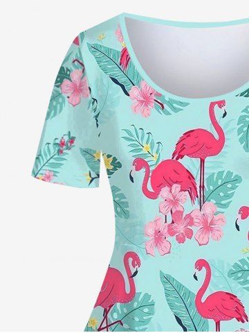 Plus Size Flamingo Coconut Tree Leaf Floral Print Vintage Hawaii A Line Dress