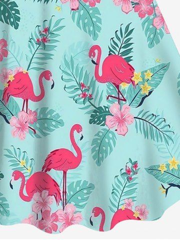 Plus Size Flamingo Coconut Tree Leaf Floral Print Vintage Hawaii A Line Dress