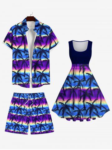 Coconut Tree Ombre Aurora Colorblock Print Plus Size Matching Hawaii Beach Outfit - MULTI-A