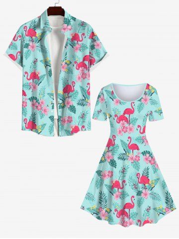 Flamingo Coconut Tree Leaf Floral Print Dress and Button Pocket Shirt Plus Size Matching Hawaii Beach Outfit For Couples