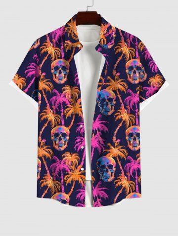 Plus Size Skulls Coconut Tree Print Hawaii Button Pocket Shirt For Men - MULTI-A - XL