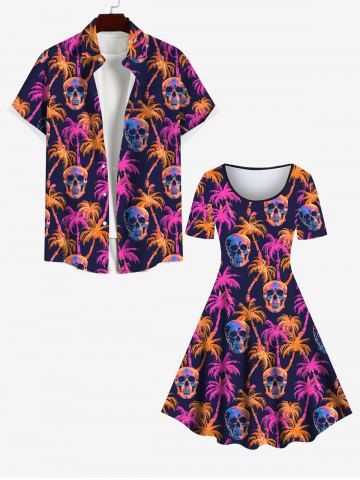 Skulls Coconut Tree Print Dress and Button Pocket Shirt Plus Size Matching Hawaii Beach Outfit For Couples