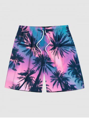Plus Size Hawaii Sky Aurora Colorblock Coconut Tree Print Beach Shorts For Men