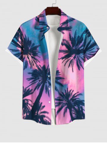 Plus Size Hawaii Sky Aurora Colorblock Coconut Tree Print Pocket Buttons Shirt For Men