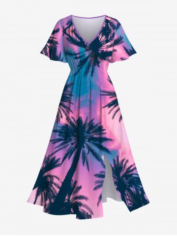Plus Size Hawaii Sky Aurora Colorblock Coconut Tree Print Pocket Split Dress