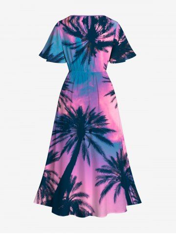 Plus Size Hawaii Sky Aurora Colorblock Coconut Tree Print Pocket Split Dress