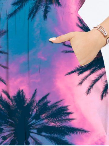 Plus Size Hawaii Sky Aurora Colorblock Coconut Tree Print Pocket Split Dress