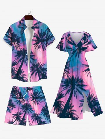 Plus Size Hawaii Sky Aurora Colorblock Coconut Tree Print Pocket Split Dress