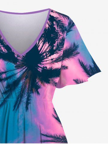 Plus Size Hawaii Sky Aurora Colorblock Coconut Tree Print Pocket Split Dress