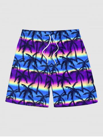 Plus Size Coconut Tree Ombre Aurora Colorblock Print Pockets Hawaii Beach Shorts For Men