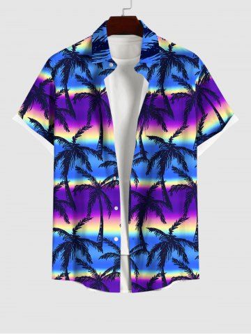 Plus Size Coconut Tree Ombre Aurora Colorblock Print Button Pocket Hawaii Shirt For Men