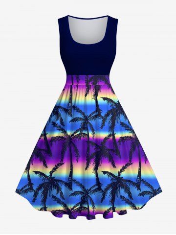 Plus Size Coconut Tree Ombre Aurora Colorblock Print Hawaii 1950s Vintage Dress - BLACK - XS
