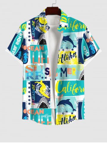 Plus Size Dophin Letters Stars Geometric Colorblock Print Hawaii Button Pocket Shirt For Men