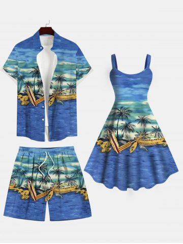 Coconut Tree Boat Sea Guitar Print Plus Size Matching Hawaii Beach Outfit - BLUE