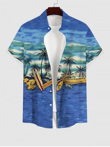 Plus Size Coconut Tree Boat Sea Guitar Print Buttons Pocket Hawaii Shirt For Men - BLUE - M