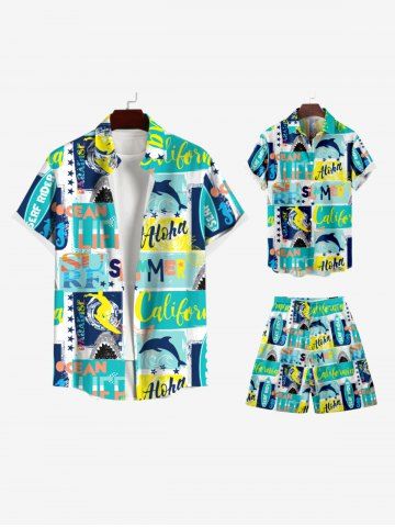 Dophin Letters Stars Geometric Colorblock Print Shirt and Shorts Plus Size Matching Hawaii Beach Outfit For Family